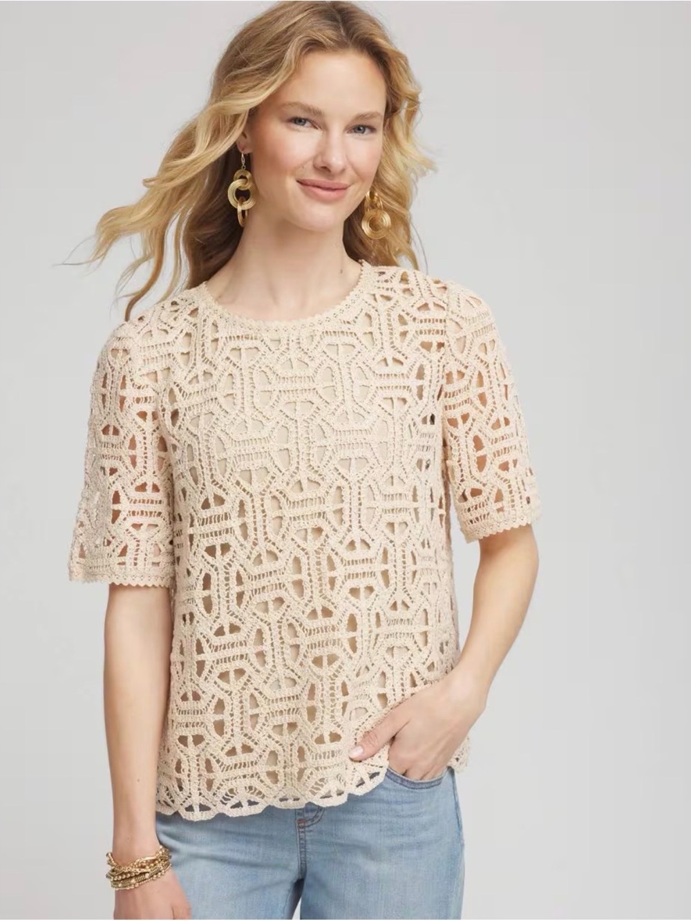 Chicos Crochet Top Natural Beige. Size 2 US L Cotton. Excellent Condition